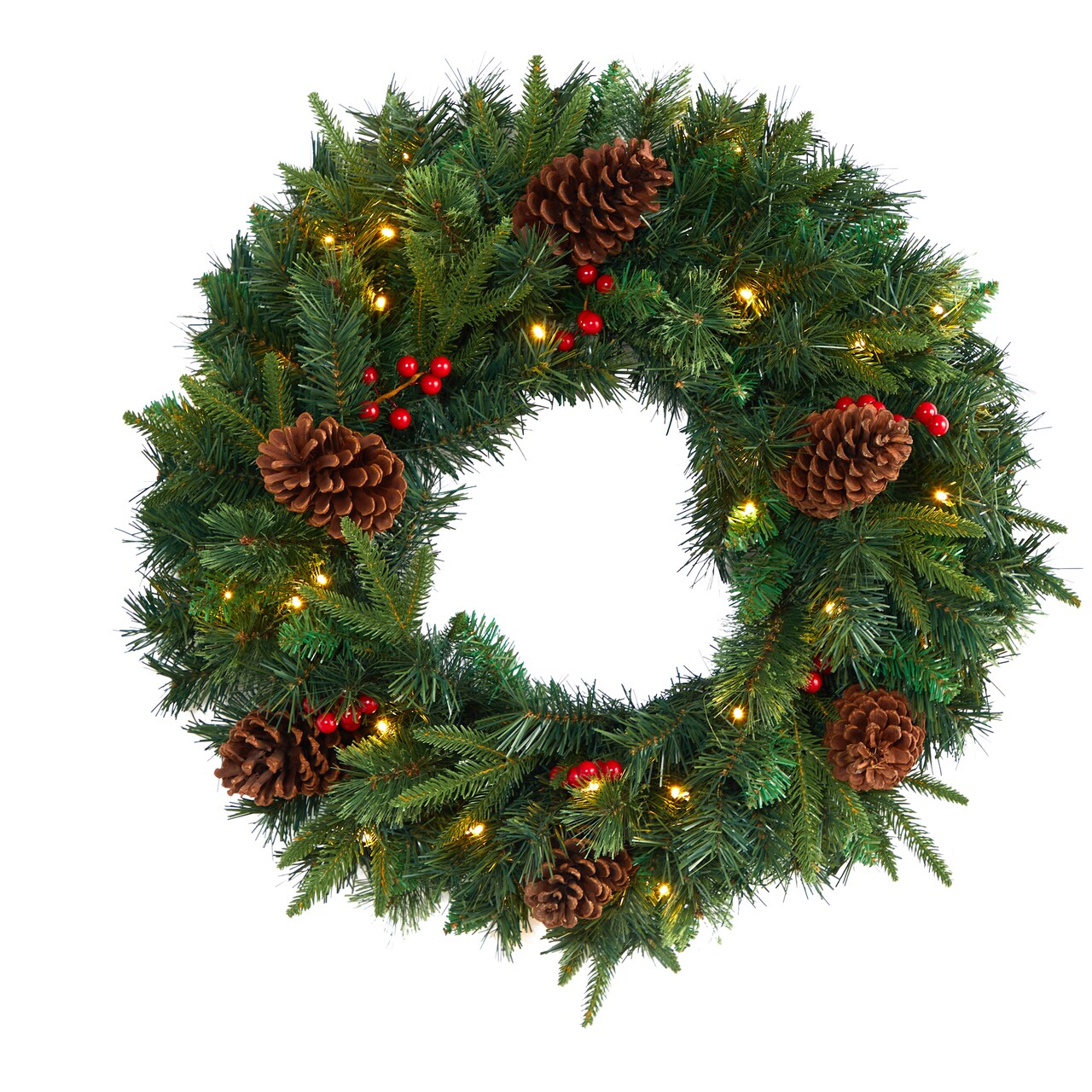 Nearly Natural Pre-Lit Mixed Pine Artificial Christmas Wreath, 24-Inch, Clear LED Lights